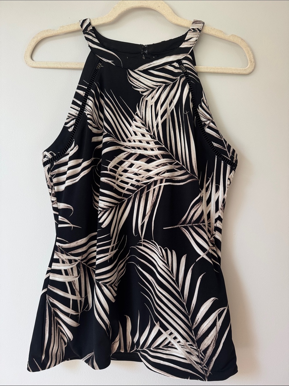 White House Black Market Black Tank Top with Cream Palm Print